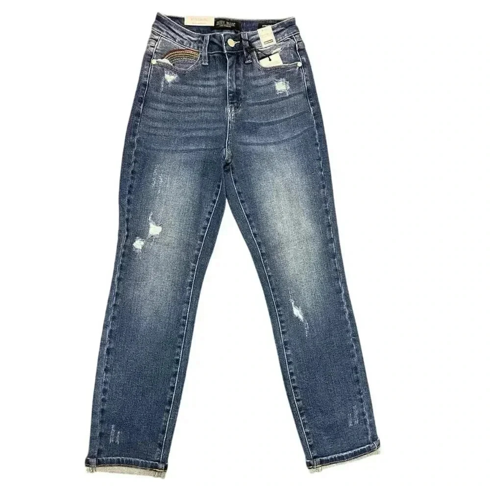 NWT Judy Blue Rainbow Cuffed Straight Leg Womens Size 5/29